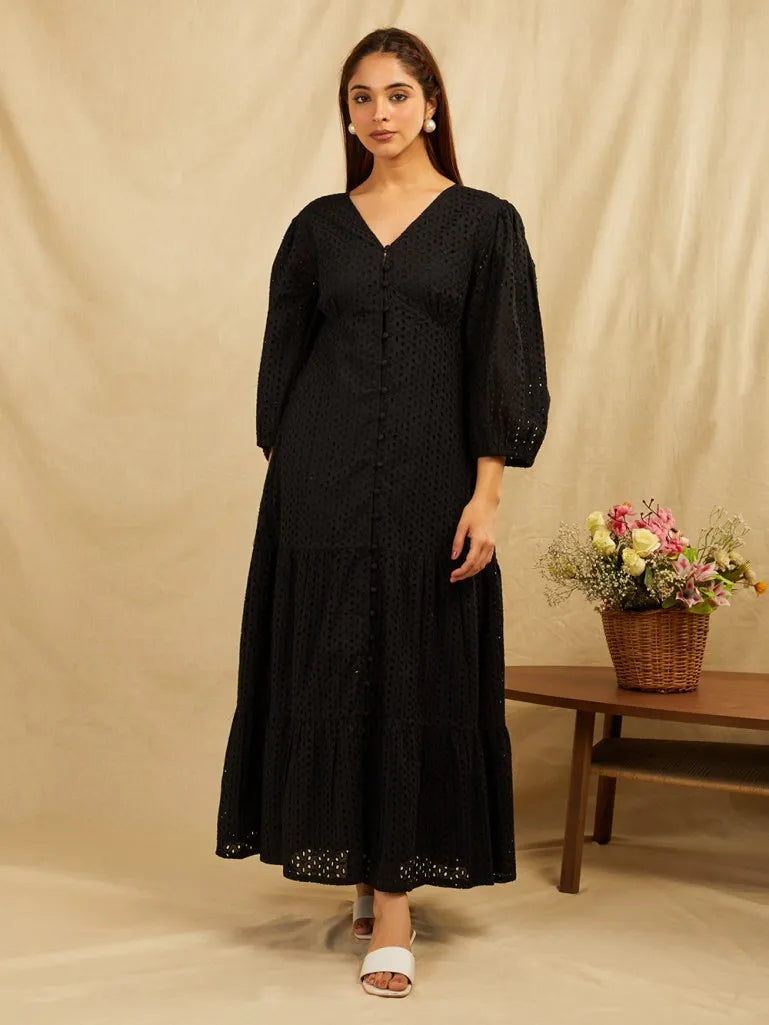 Black Embroidered Cotton Dress