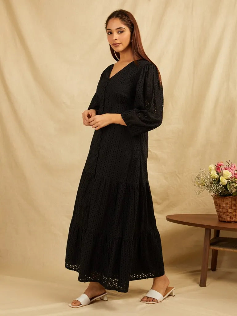 Black Embroidered Cotton Dress