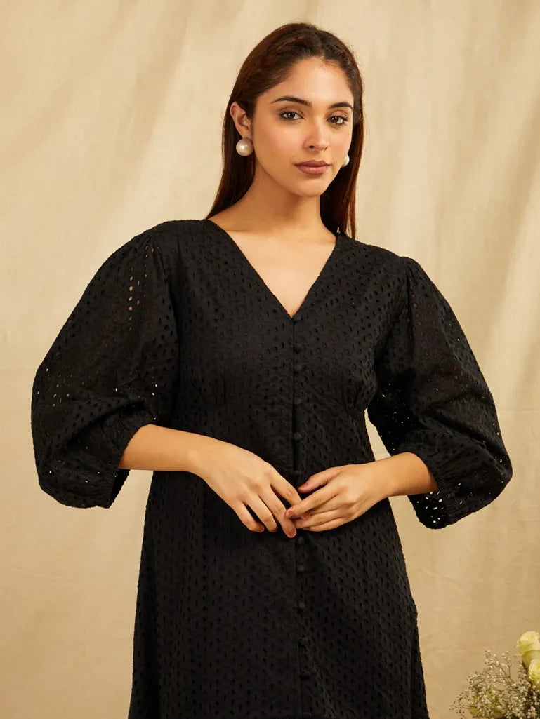 Black Embroidered Cotton Dress