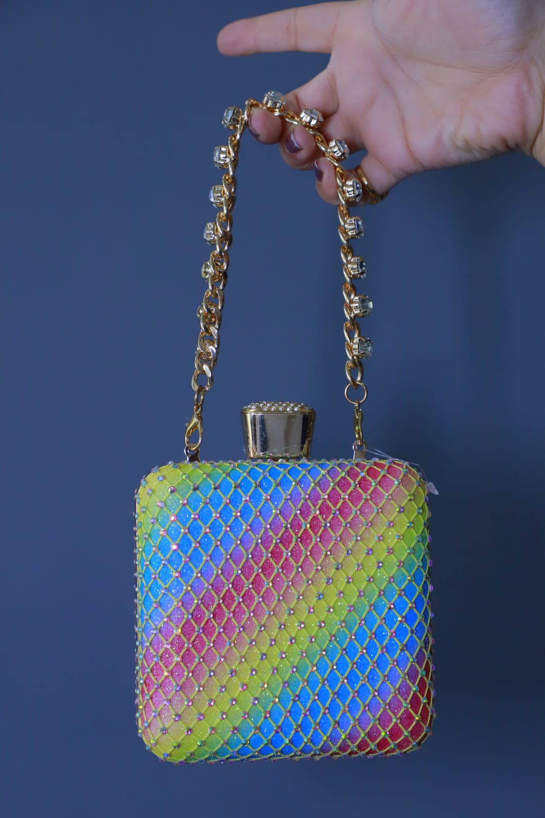Allover Jaal Swarovski Work Light Embroidery Shimmer Fabric Lock Open Rainbow Colour Women Handbag