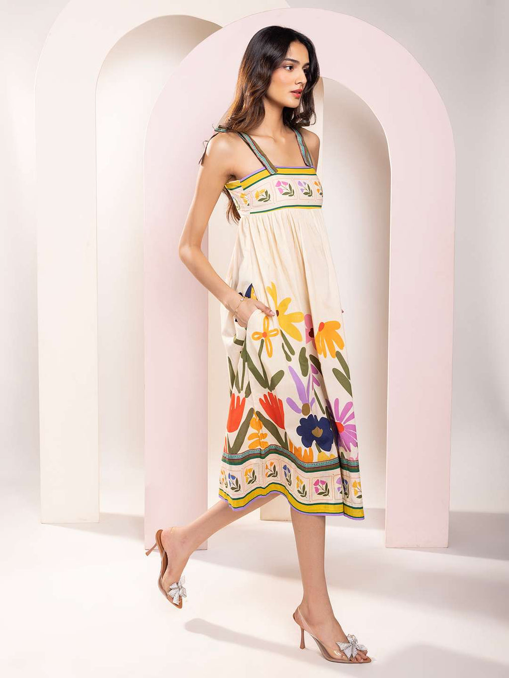 Folk Printed Strappy Midi Dress