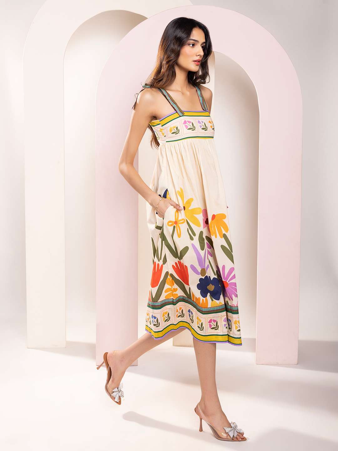 Folk Printed Strappy Midi Dress