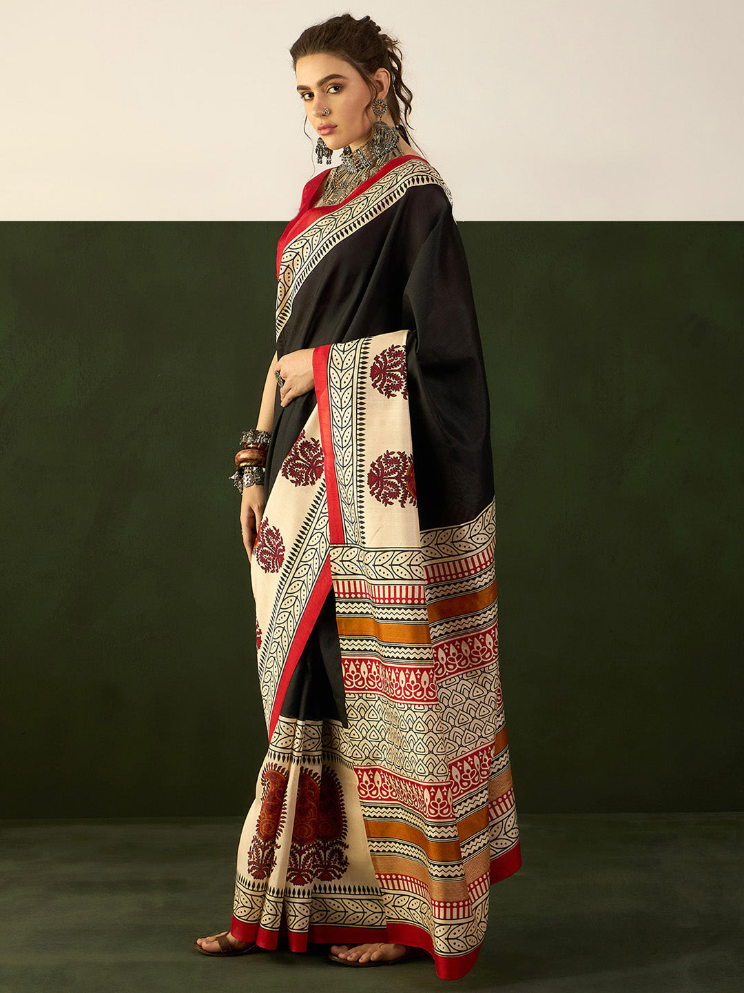 Bhagalpuri Silk Black Printed Designer Saree With Blouse