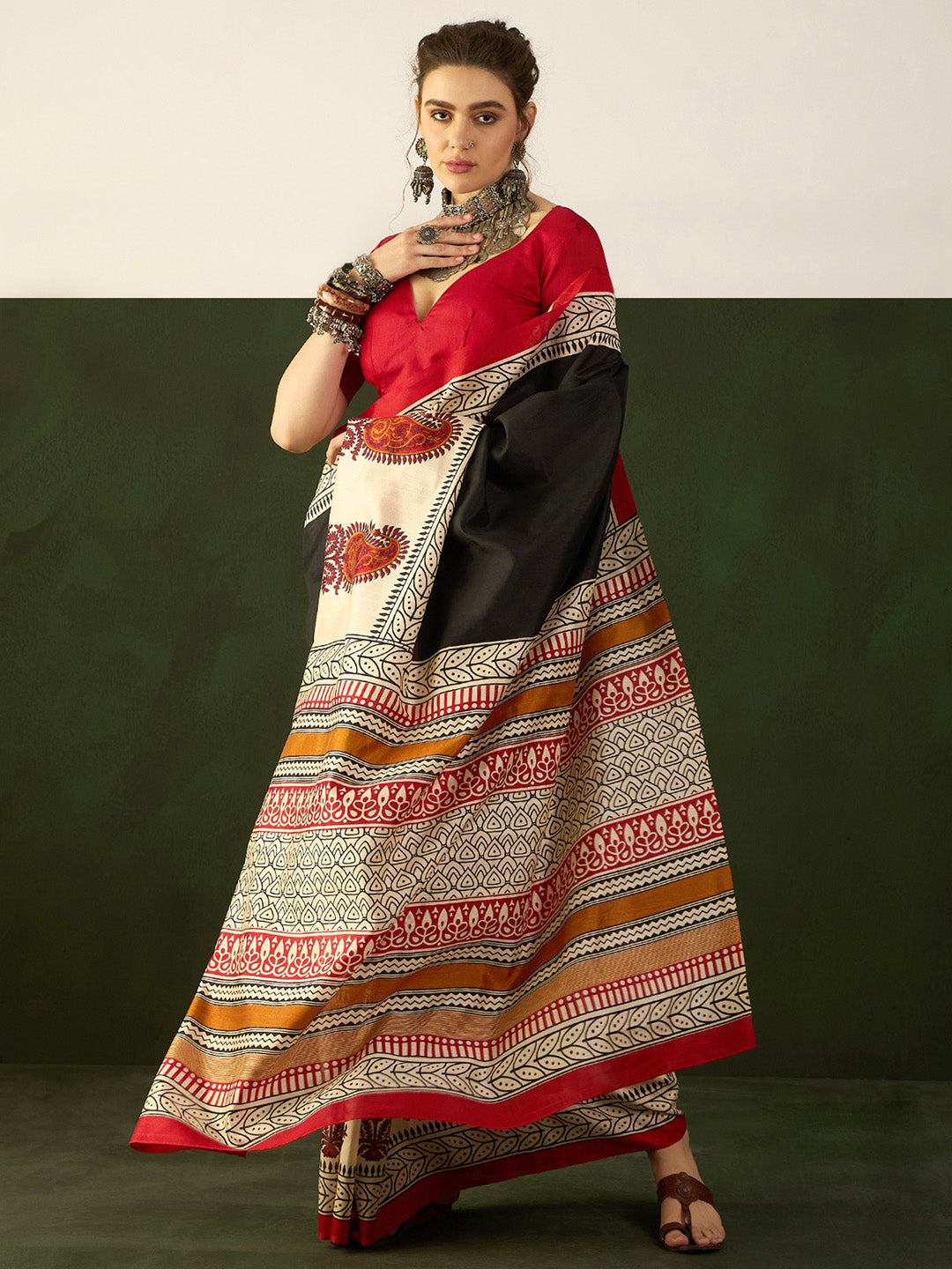 Bhagalpuri Silk Black Printed Designer Saree With Blouse