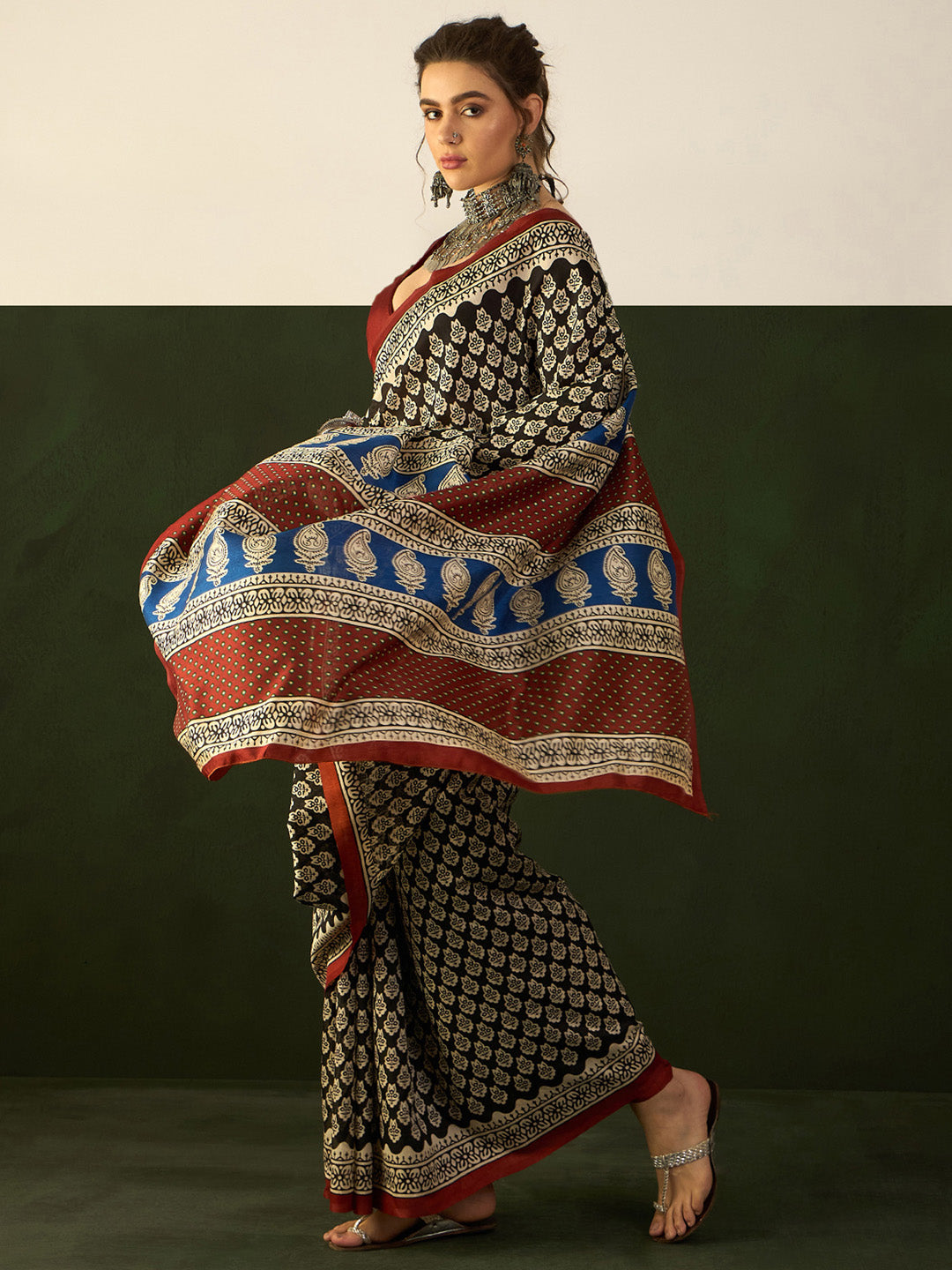 Bhagalpuri Silk Black Printed Designer Saree With Blouse