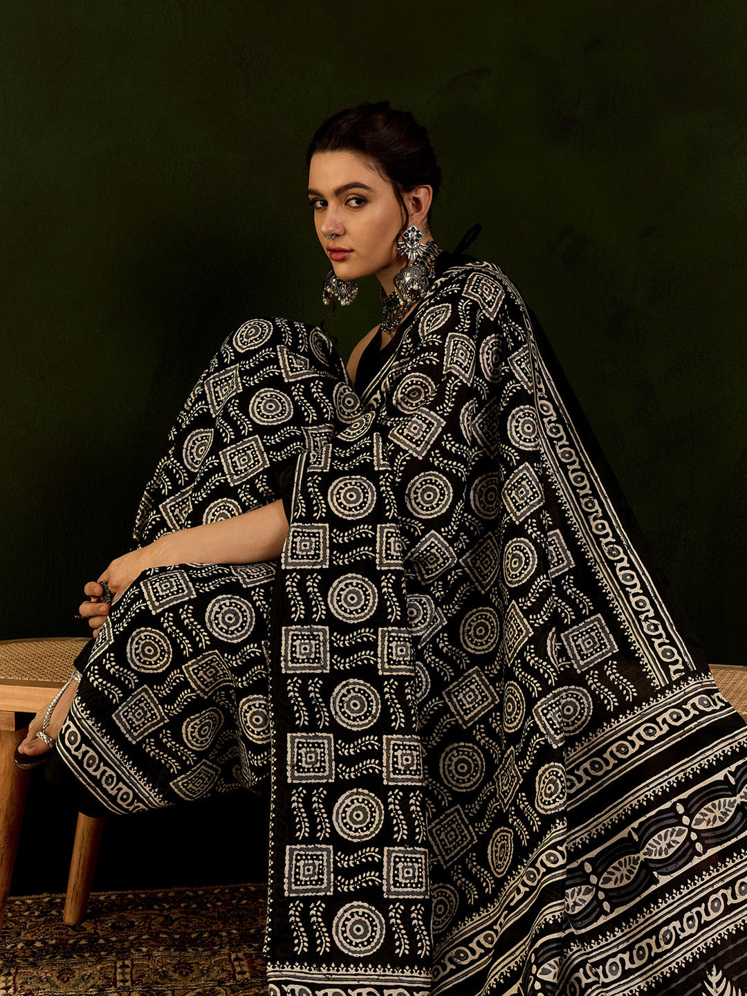 Bhagalpuri Silk Black Printed Designer Saree With Blouse