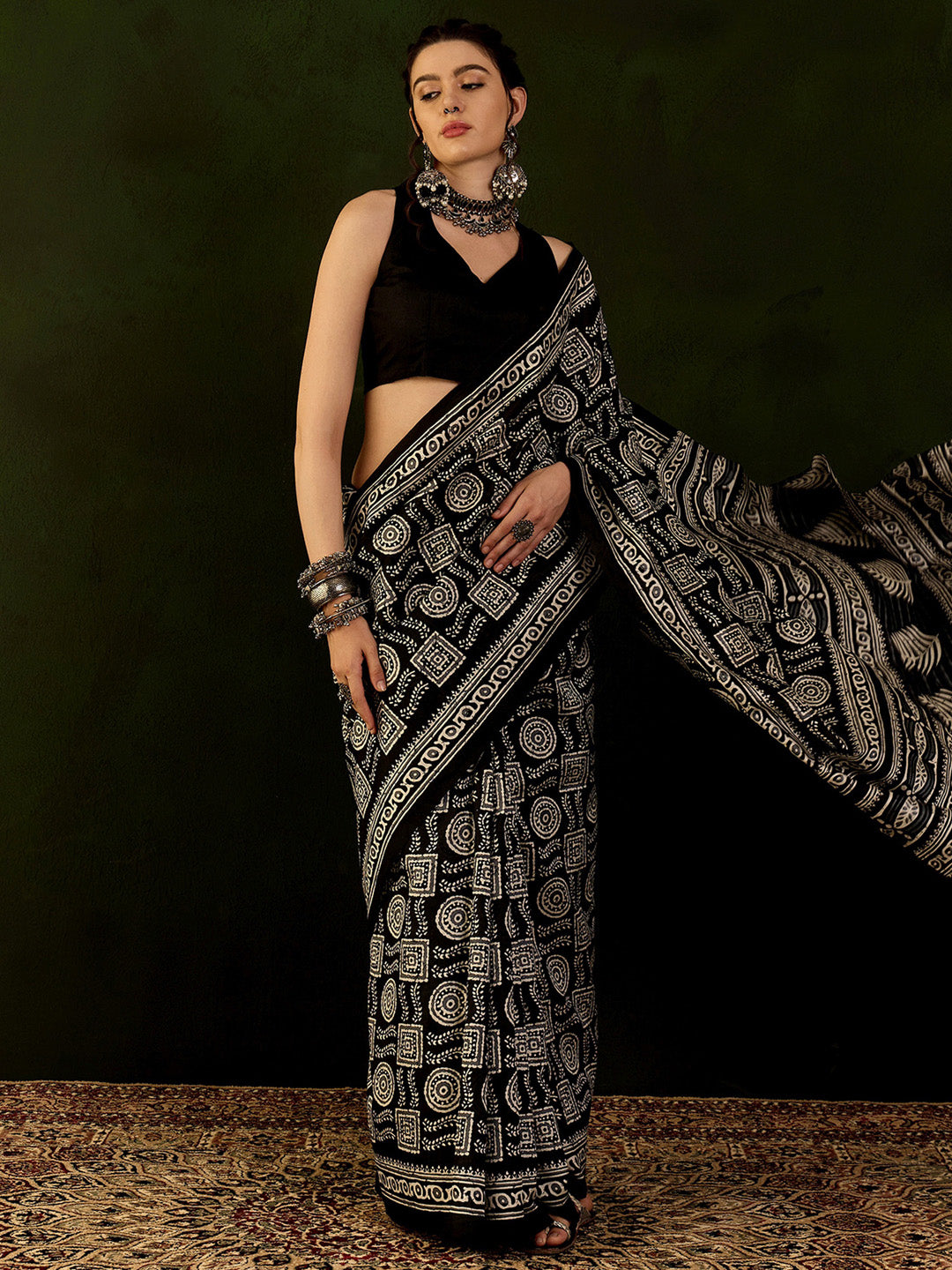 Bhagalpuri Silk Black Printed Designer Saree With Blouse