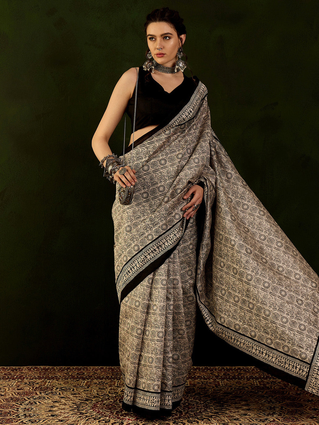 Bhagalpuri Silk Beige Printed Designer Saree With Blouse