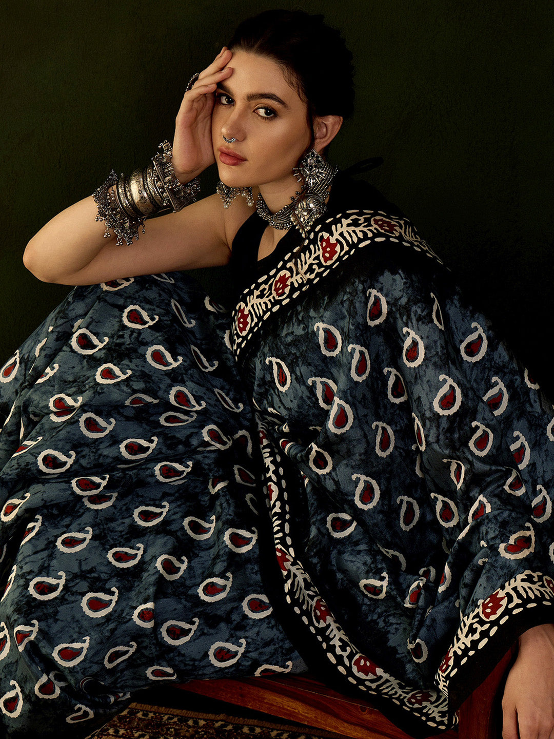 Bhagalpuri Silk Grey Printed Designer Saree With Blouse