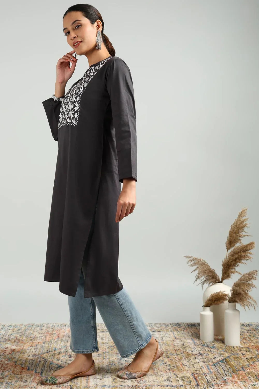 Grey Denim Embroidered Kurta