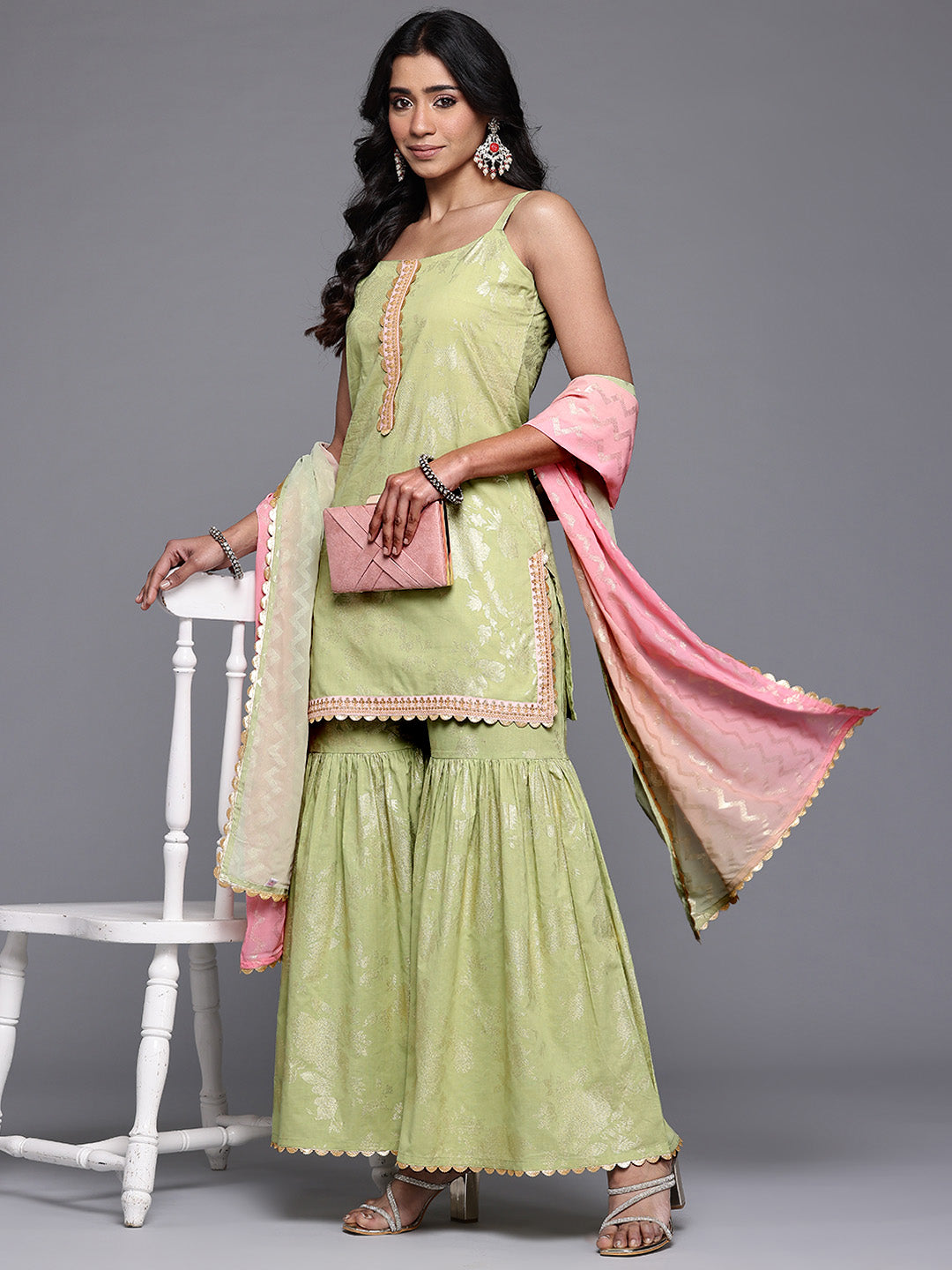 Ahalyaa Floral Printed Gotta Patti Pure Cotton Kurti with Sharara & With Dupatta-AH