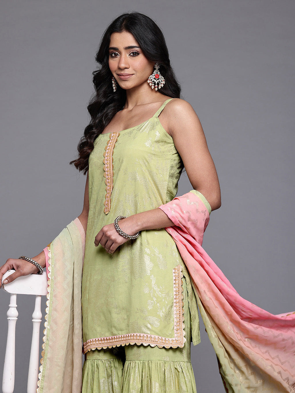 Ahalyaa Floral Printed Gotta Patti Pure Cotton Kurti with Sharara & With Dupatta-AH