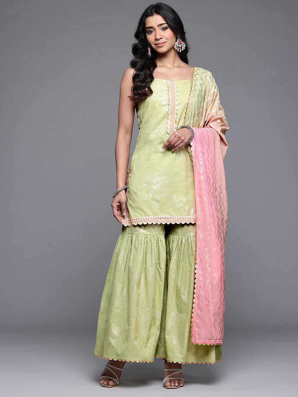 Ahalyaa Floral Printed Gotta Patti Pure Cotton Kurti with Sharara & With Dupatta-AH