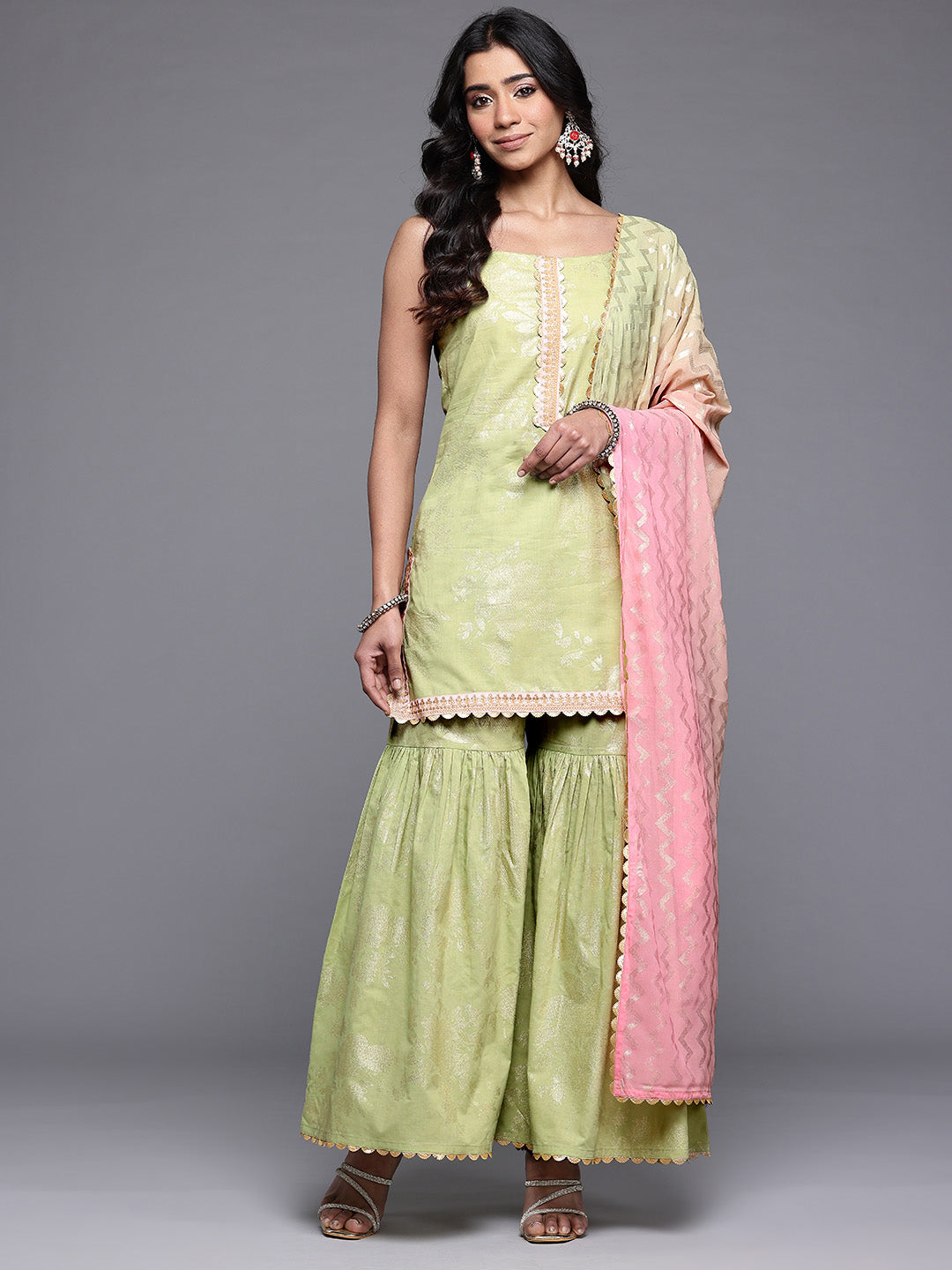 Ahalyaa Floral Printed Gotta Patti Pure Cotton Kurti with Sharara & With Dupatta-AH