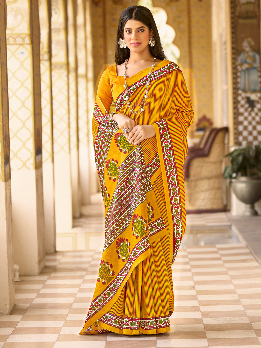 Bhagalpuri Silk Mustard Printed Designer Saree With Blouse