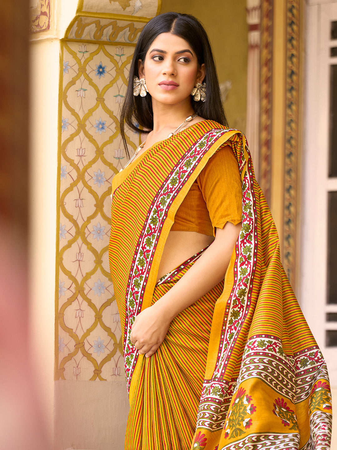 Bhagalpuri Silk Mustard Printed Designer Saree With Blouse