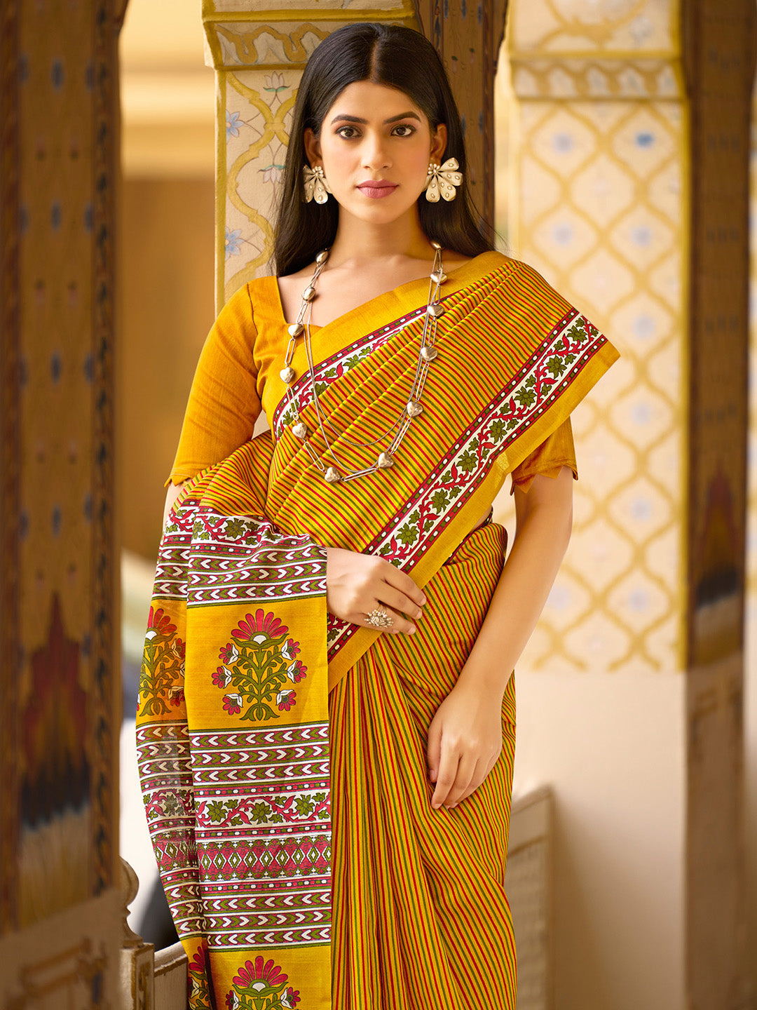 Bhagalpuri Silk Mustard Printed Designer Saree With Blouse