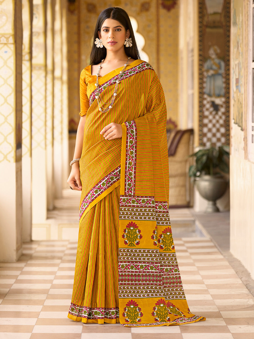 Bhagalpuri Silk Mustard Printed Designer Saree With Blouse