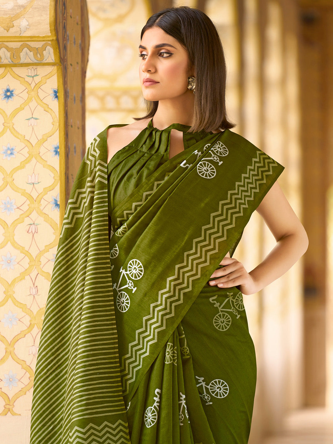 Bhagalpuri Silk Olive Printed Designer Saree With Blouse