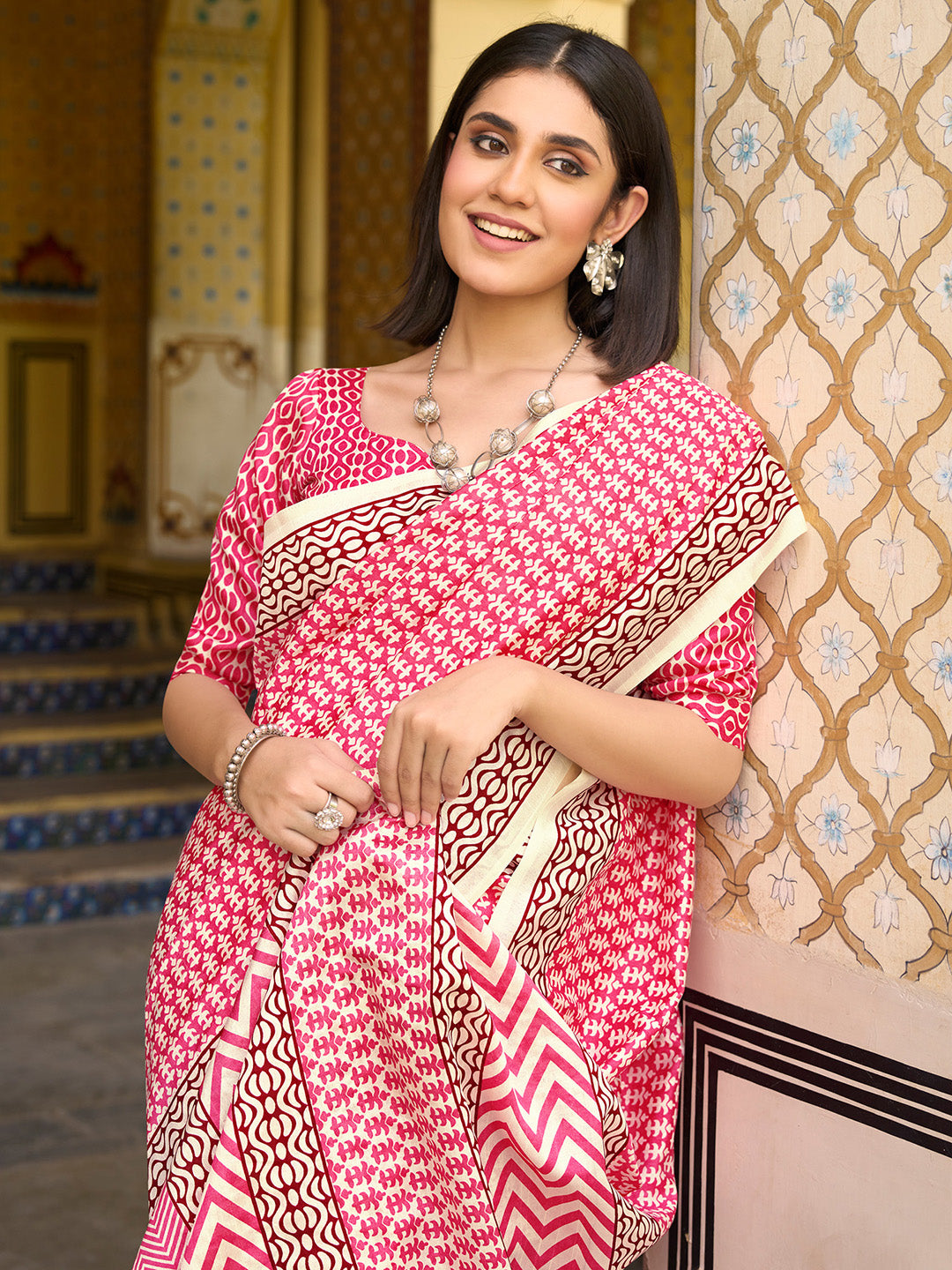 Bhagalpuri Silk Pink Printed Designer Saree With Blouse