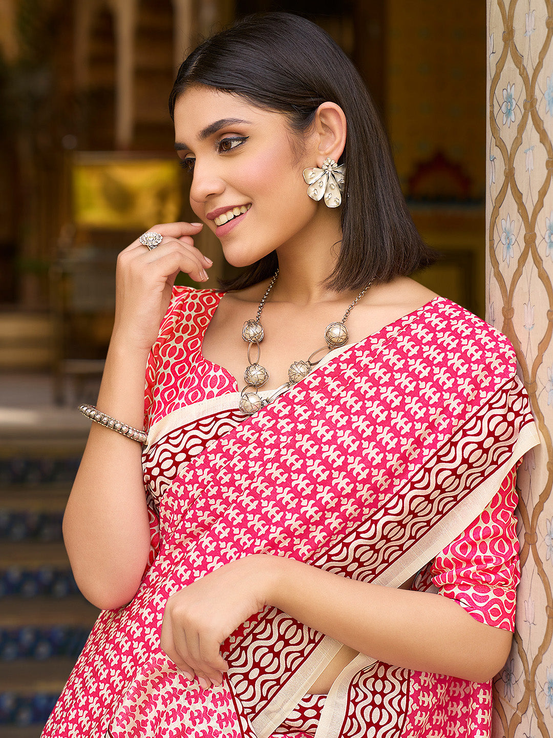 Bhagalpuri Silk Pink Printed Designer Saree With Blouse