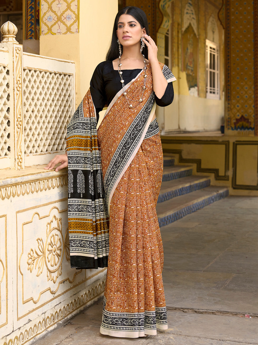 Bhagalpuri Silk Mustard Printed Designer Saree With Blouse