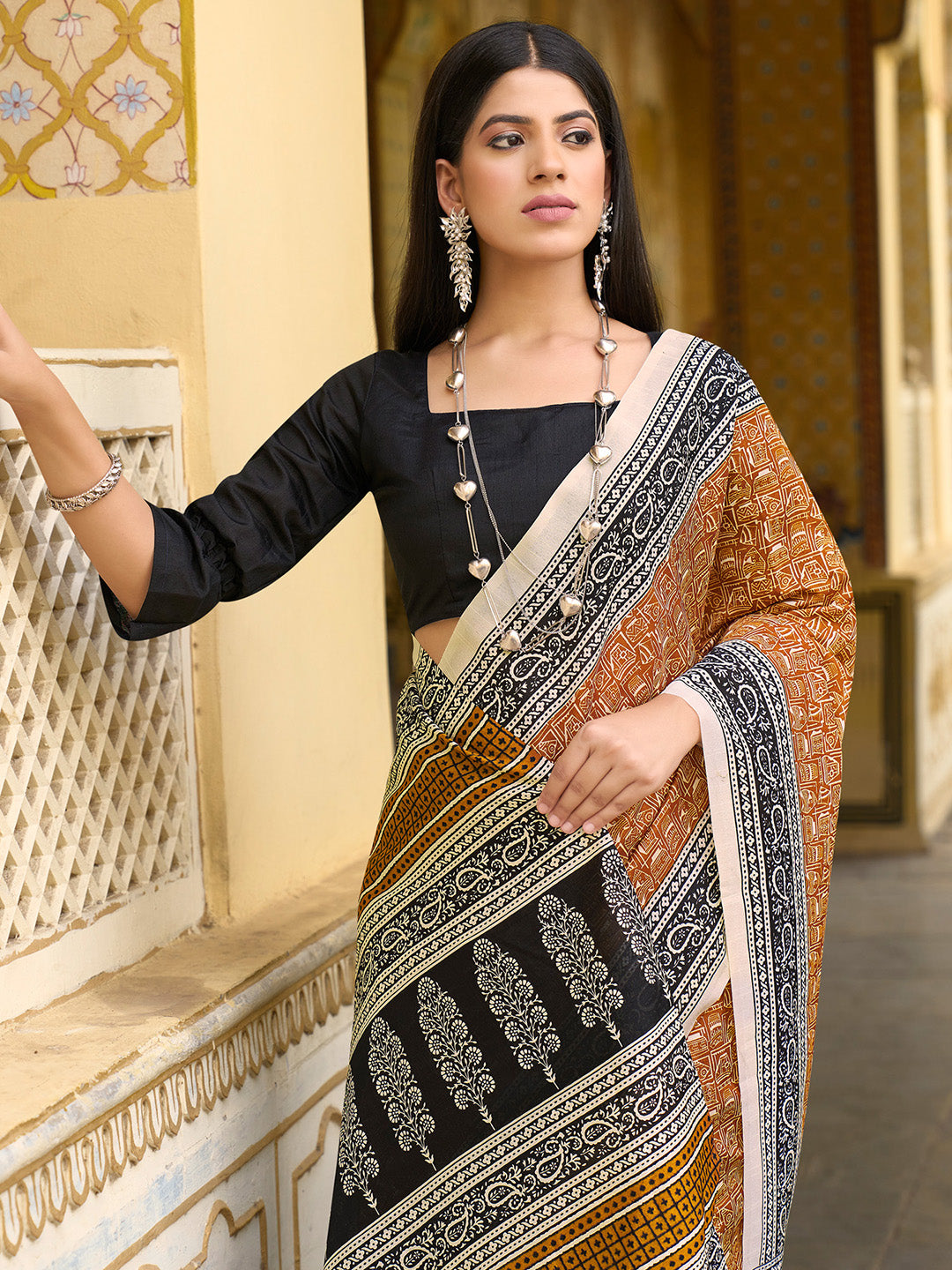 Bhagalpuri Silk Mustard Printed Designer Saree With Blouse