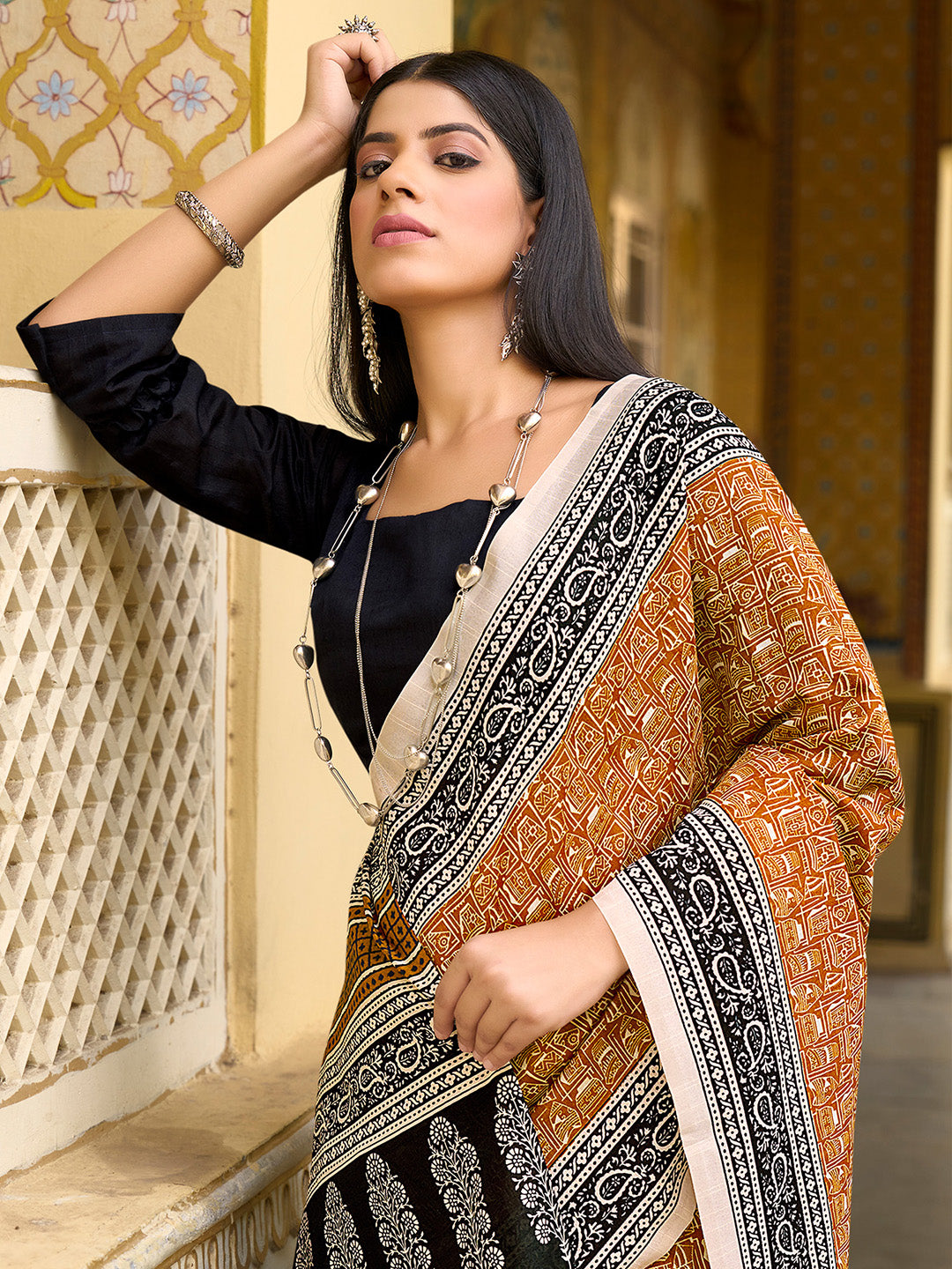 Bhagalpuri Silk Mustard Printed Designer Saree With Blouse