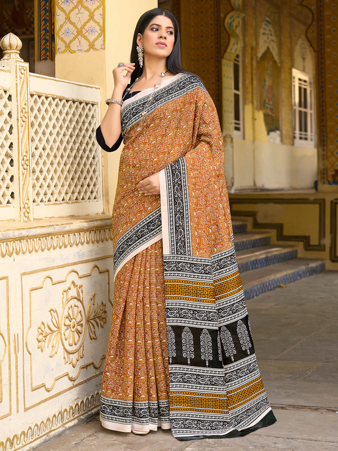 Bhagalpuri Silk Mustard Printed Designer Saree With Blouse