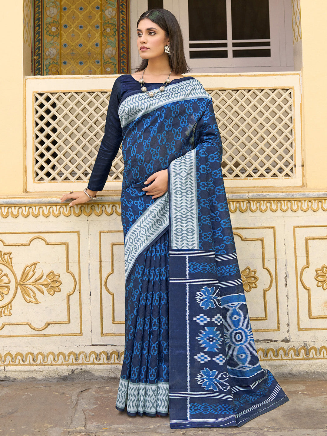 Bhagalpuri Silk Navy Blue Printed Designer Saree With Blouse