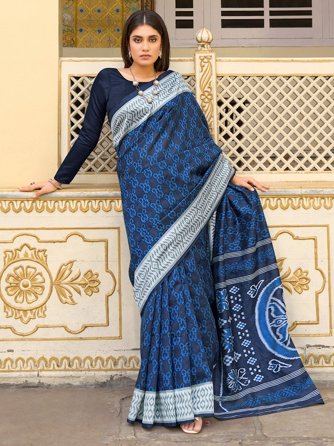 Bhagalpuri Silk Navy Blue Printed Designer Saree With Blouse