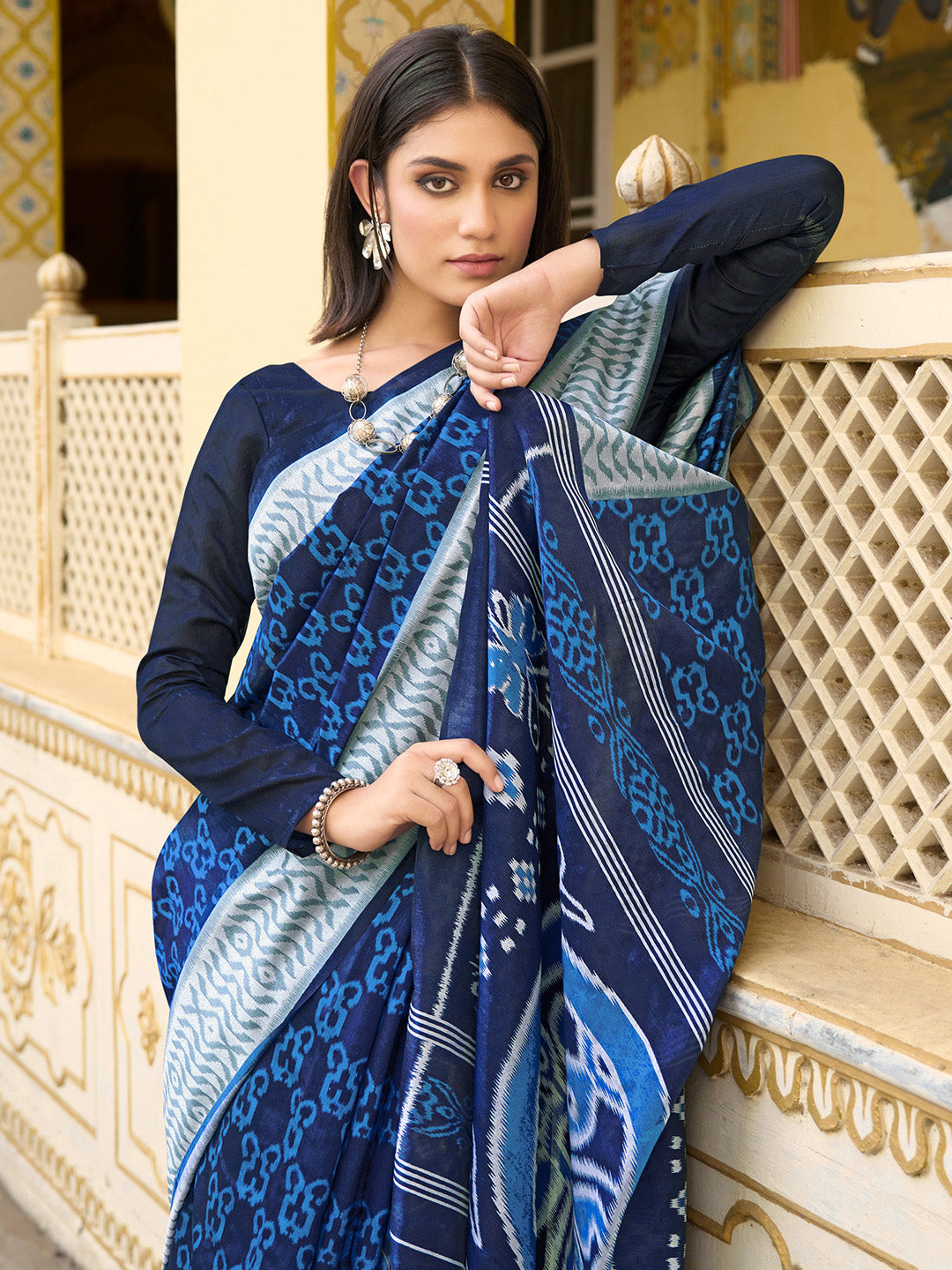 Bhagalpuri Silk Navy Blue Printed Designer Saree With Blouse