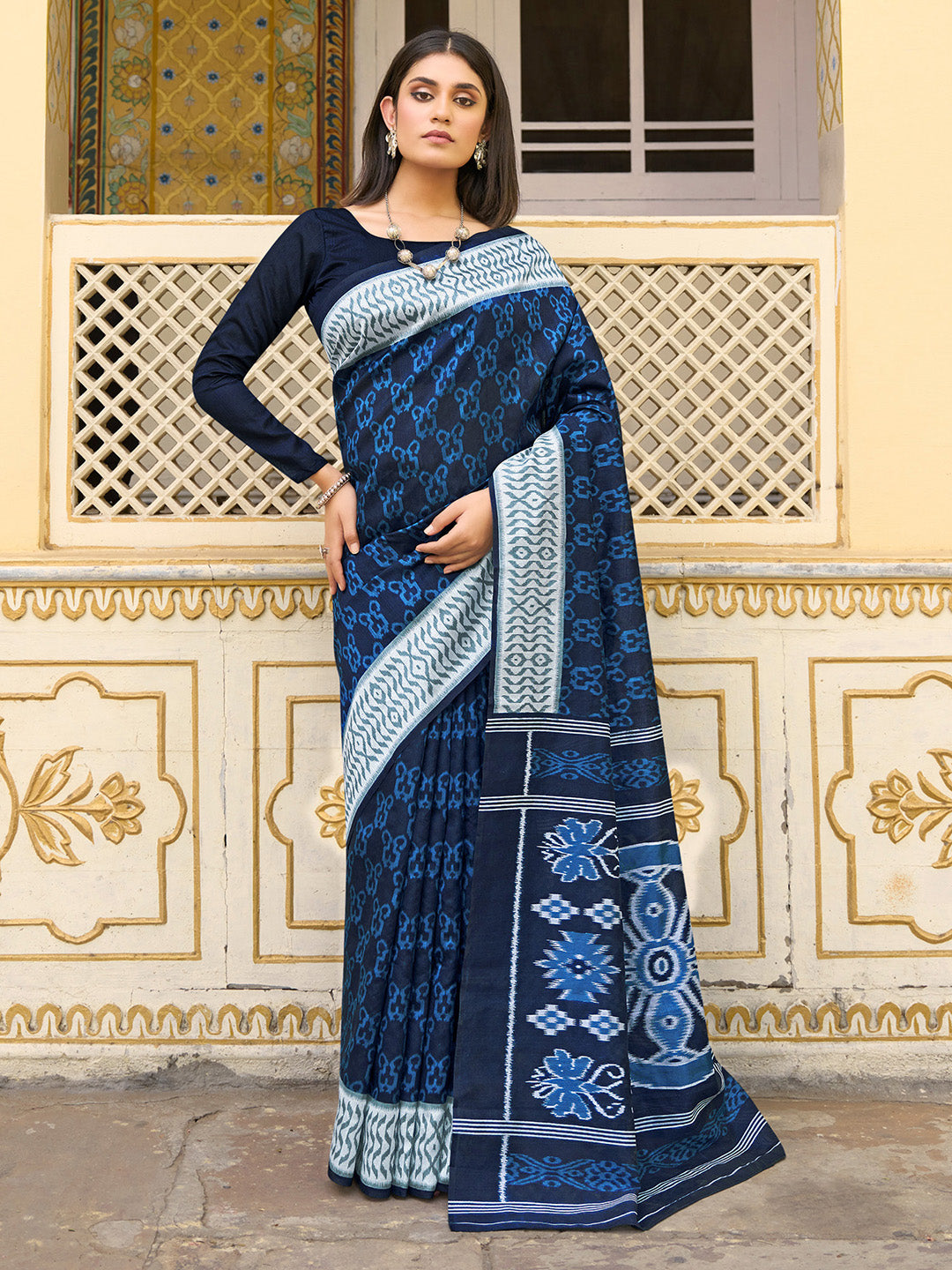 Bhagalpuri Silk Navy Blue Printed Designer Saree With Blouse