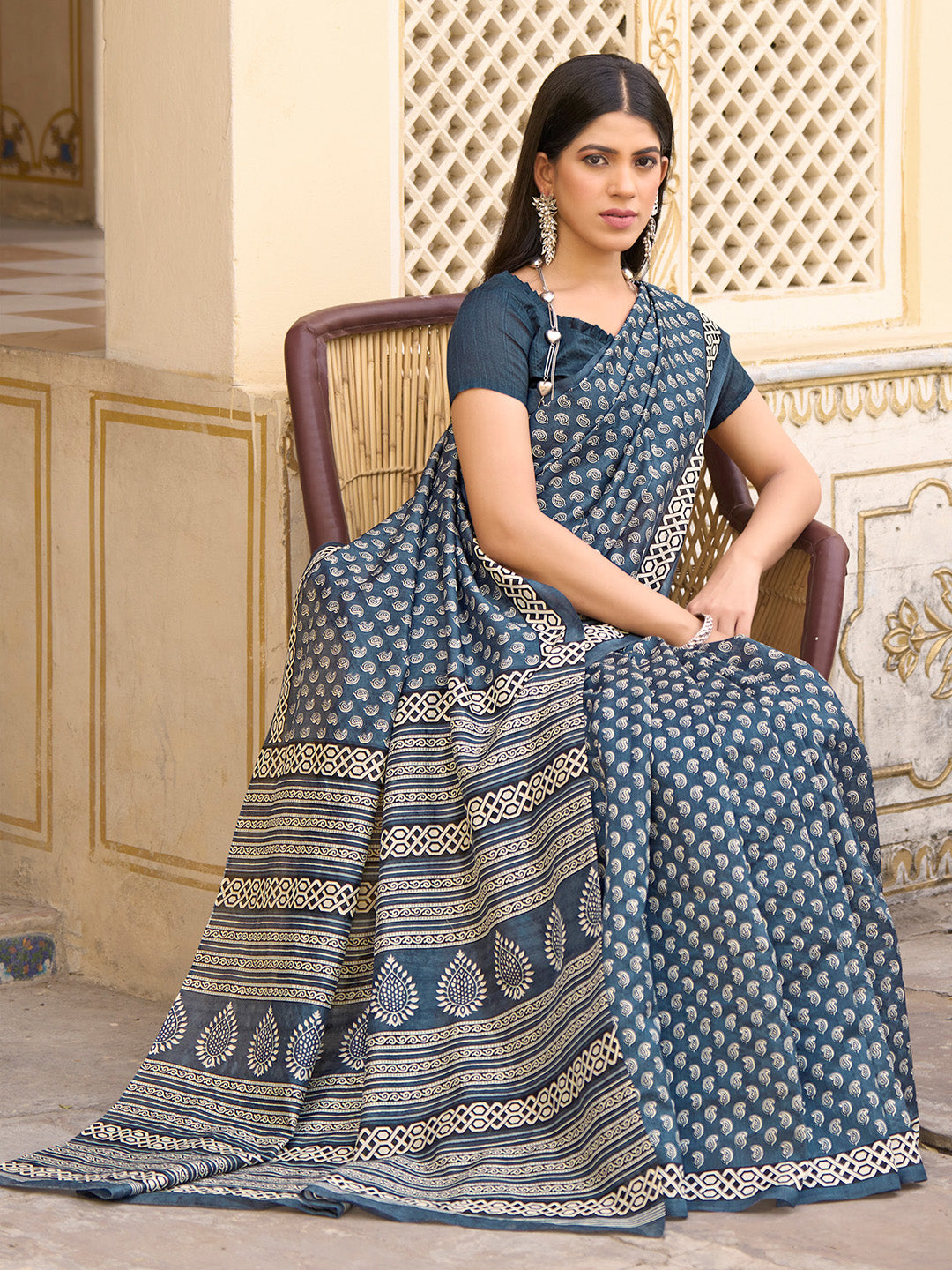 Bhagalpuri Silk Grey Printed Designer Saree With Blouse