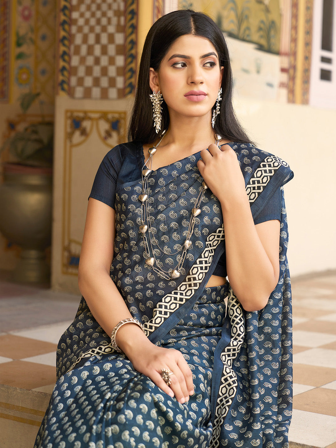 Bhagalpuri Silk Grey Printed Designer Saree With Blouse