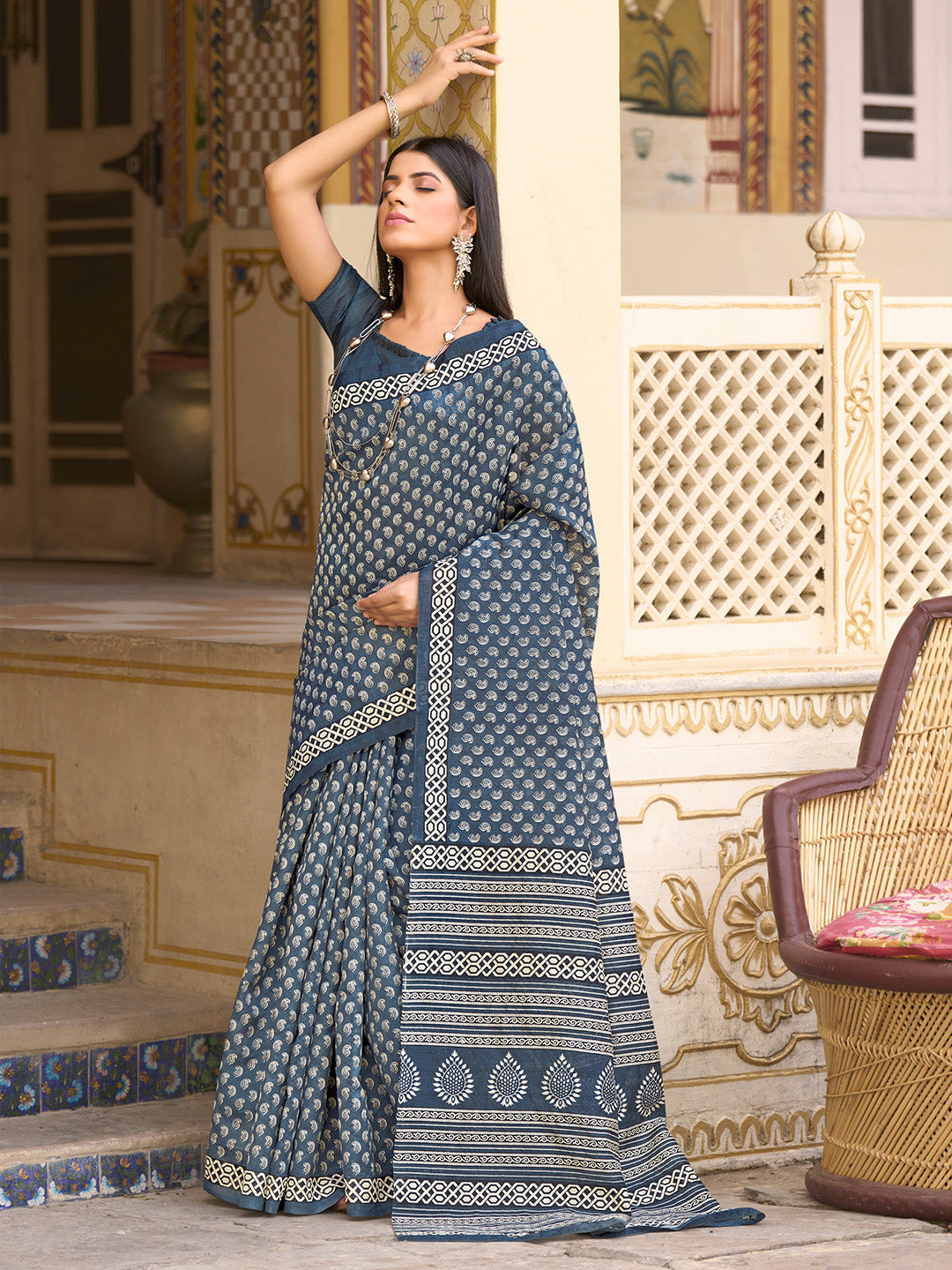 Bhagalpuri Silk Grey Printed Designer Saree With Blouse