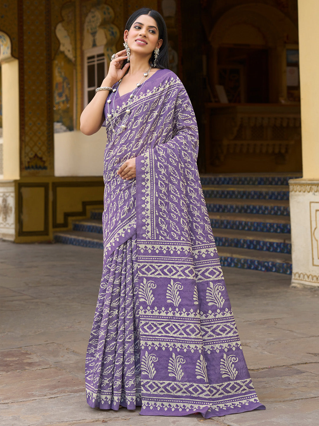 Bhagalpuri Silk Lavendar Printed Designer Saree With Blouse