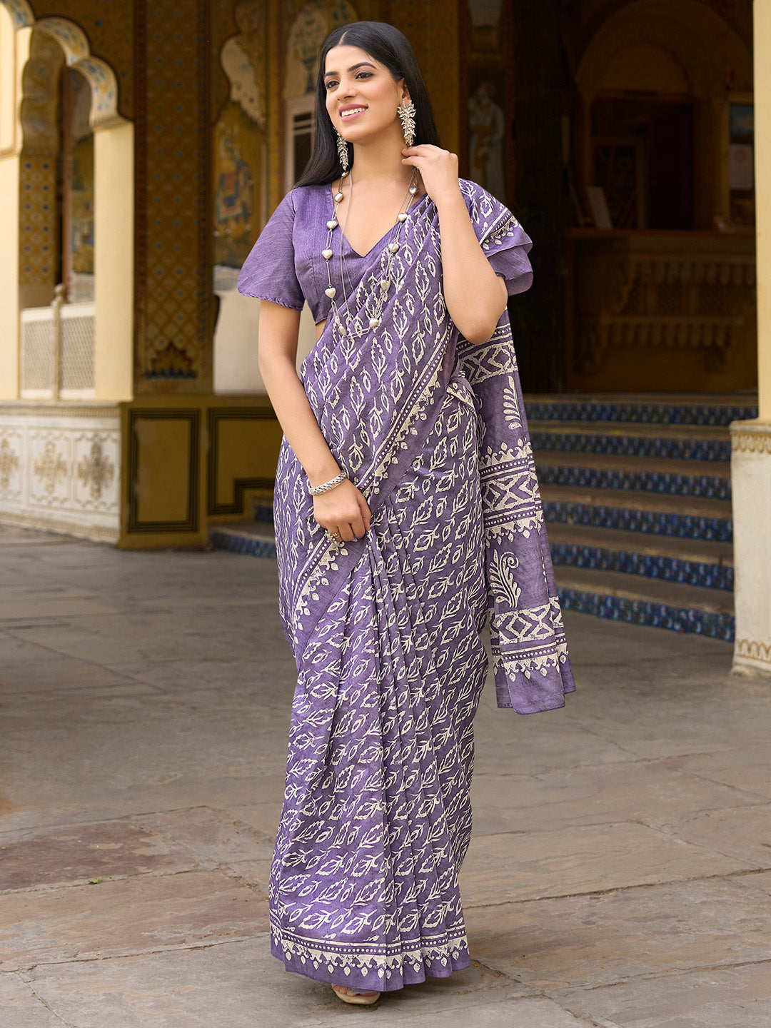 Bhagalpuri Silk Lavendar Printed Designer Saree With Blouse