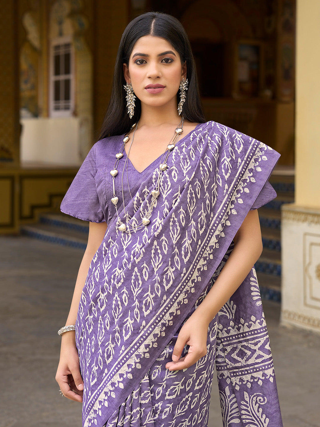 Bhagalpuri Silk Lavendar Printed Designer Saree With Blouse