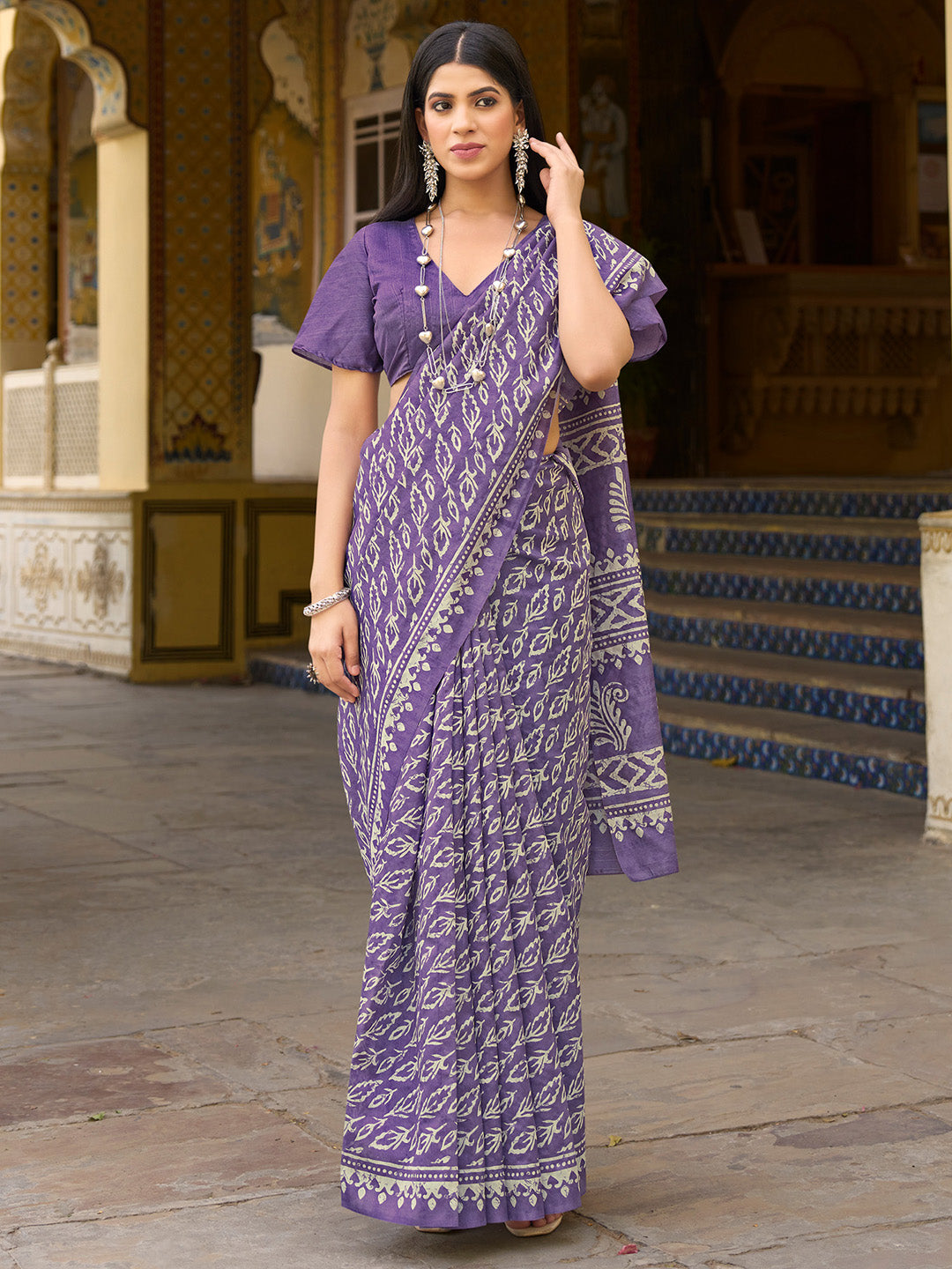 Bhagalpuri Silk Lavendar Printed Designer Saree With Blouse