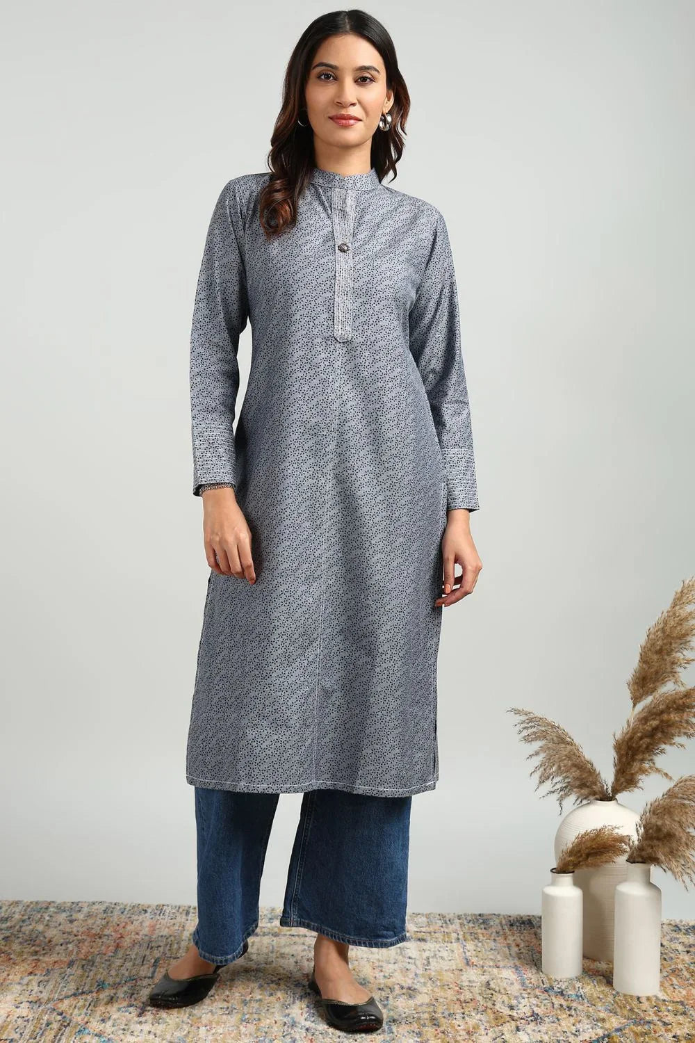 Grey Denim Printed Kurta