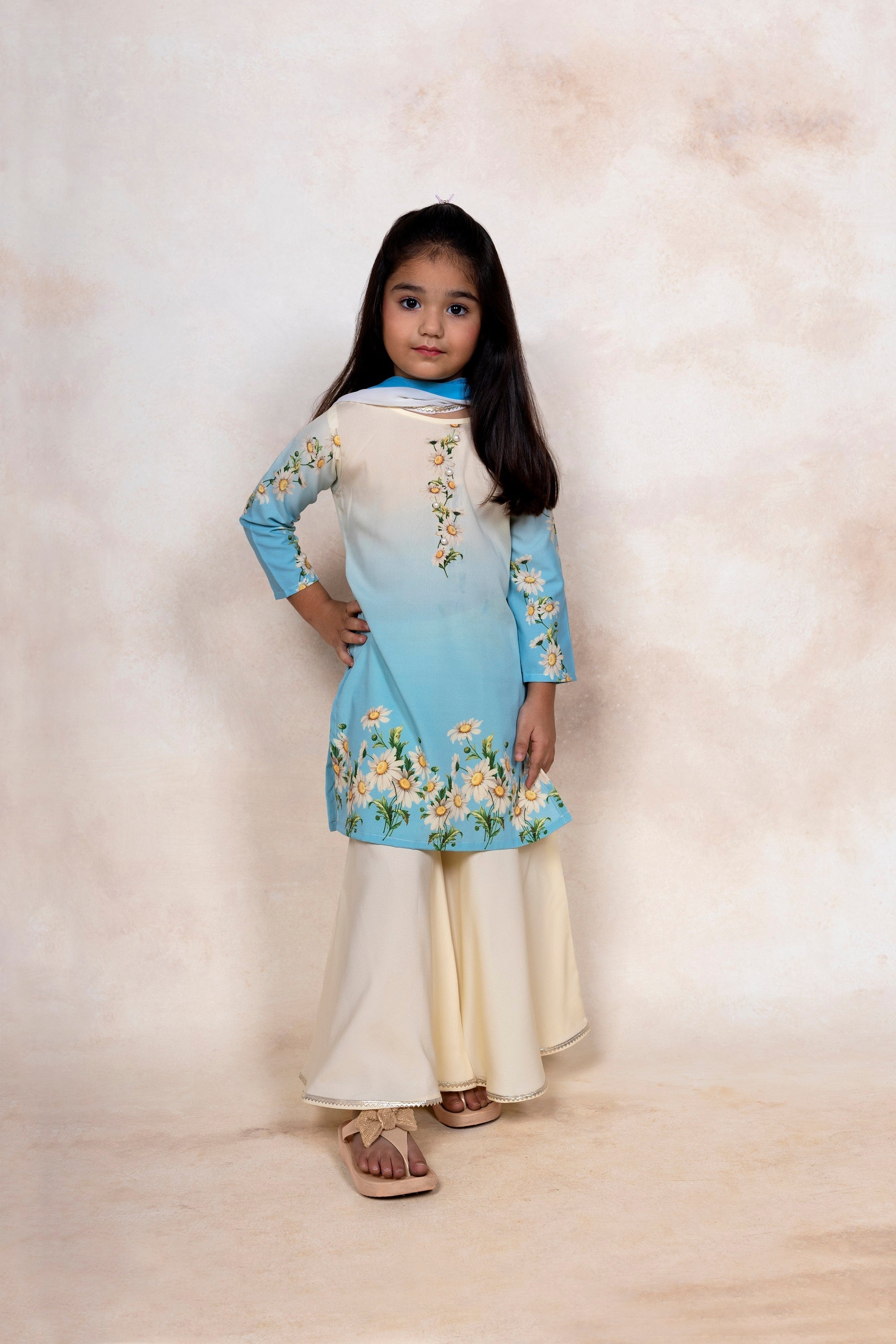 Beige & Blue Floral Printed Girls Kurta Set