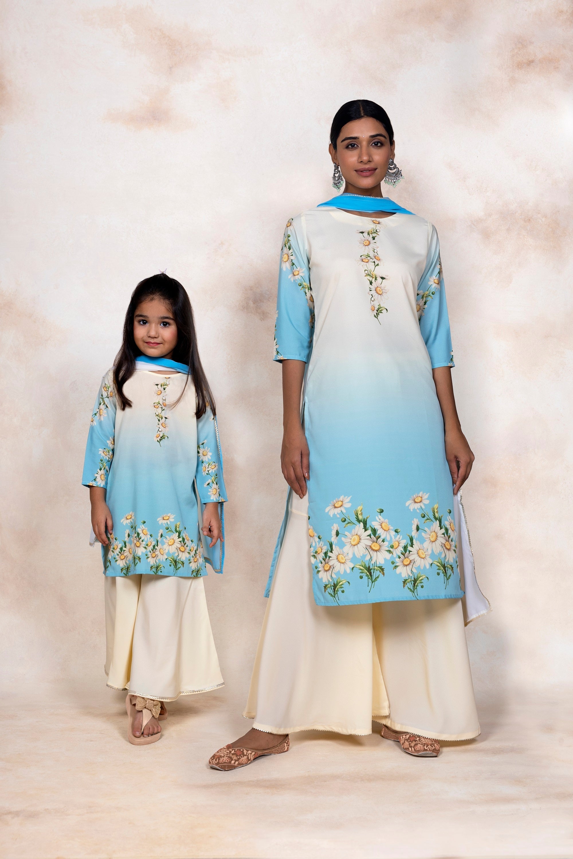 Beige & Blue Floral Printed Girls Kurta Set