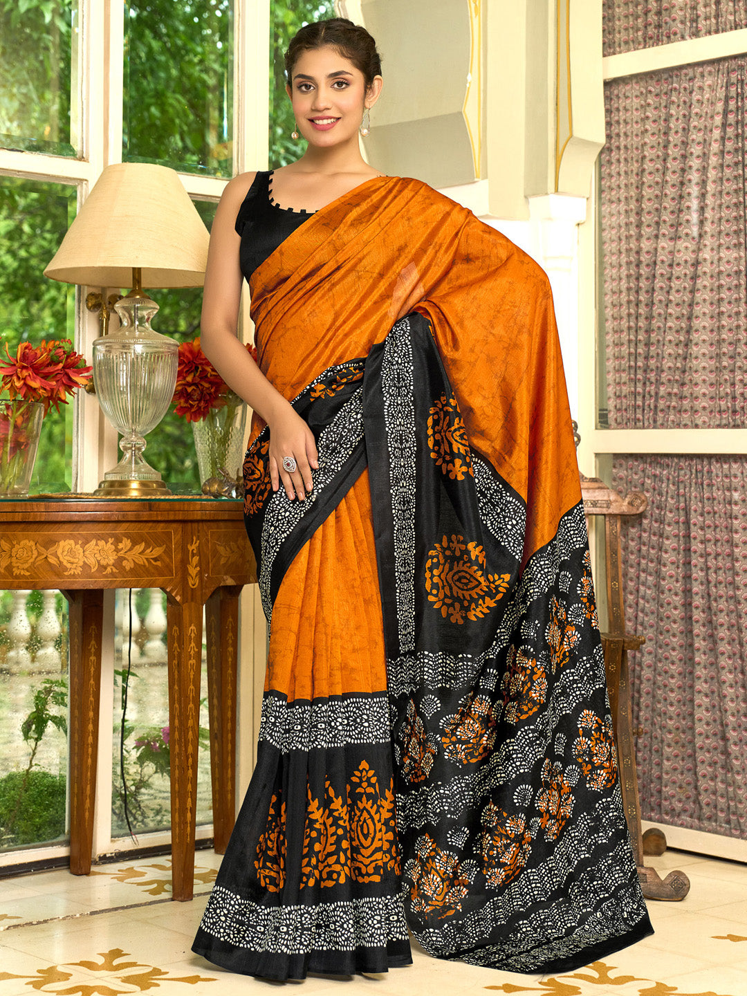 Bhagalpuri Silk Black Printed Designer Saree With Blouse