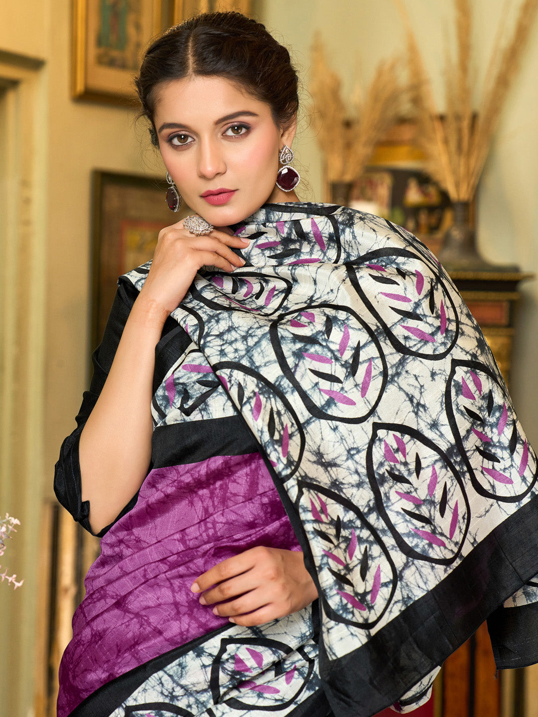 Bhagalpuri Silk Black Printed Designer Saree With Blouse