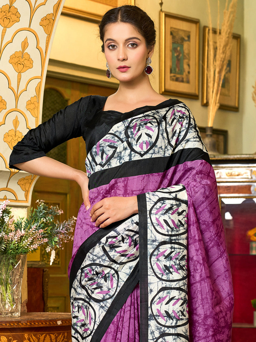 Bhagalpuri Silk Black Printed Designer Saree With Blouse