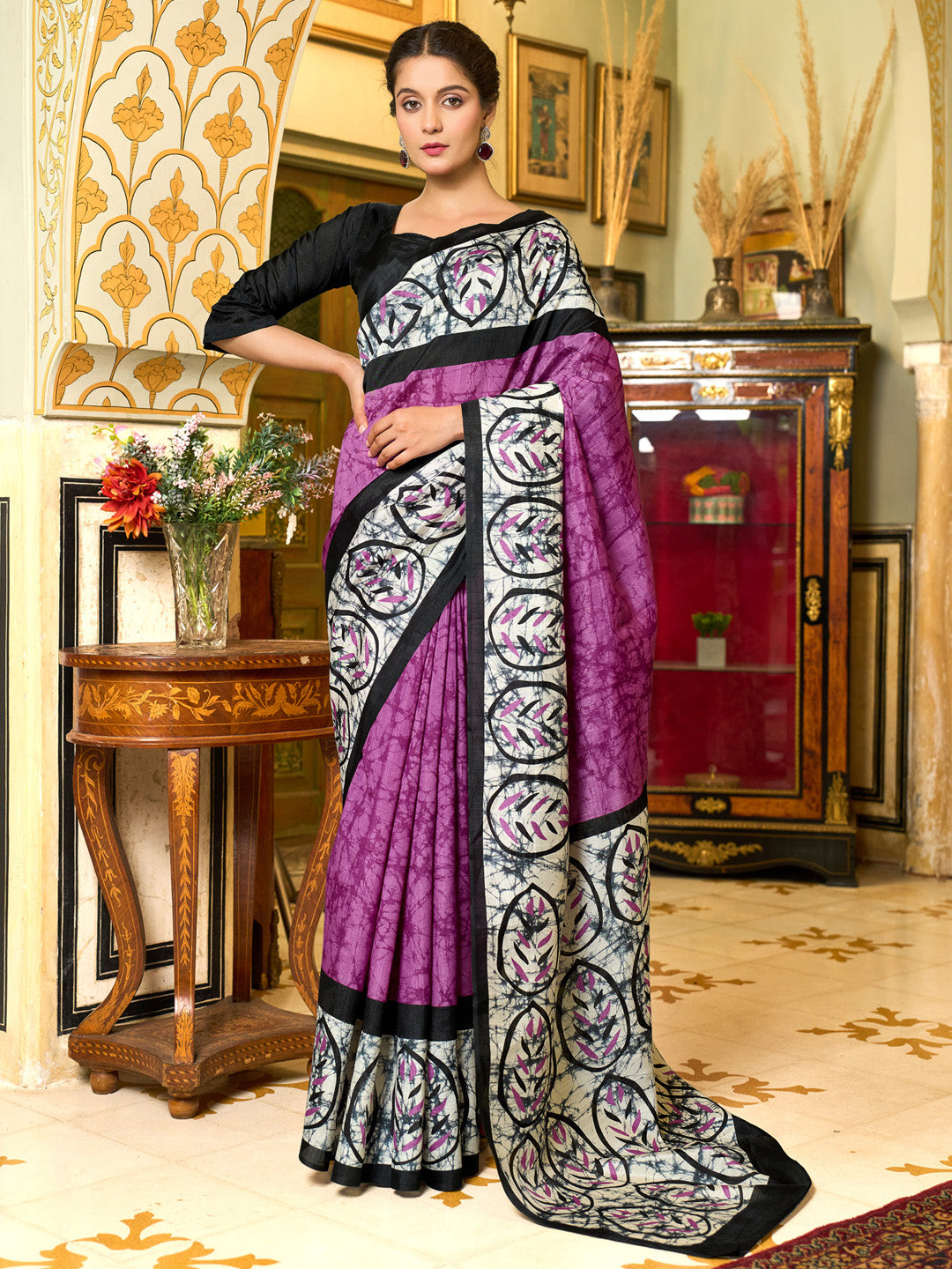 Bhagalpuri Silk Black Printed Designer Saree With Blouse