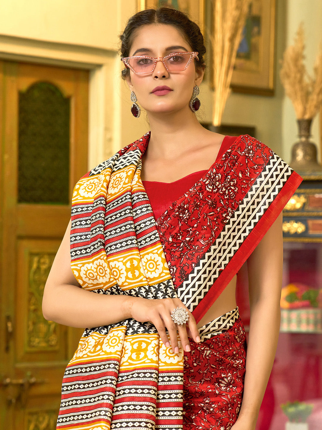 Bhagalpuri Silk Red Printed Designer Saree With Blouse