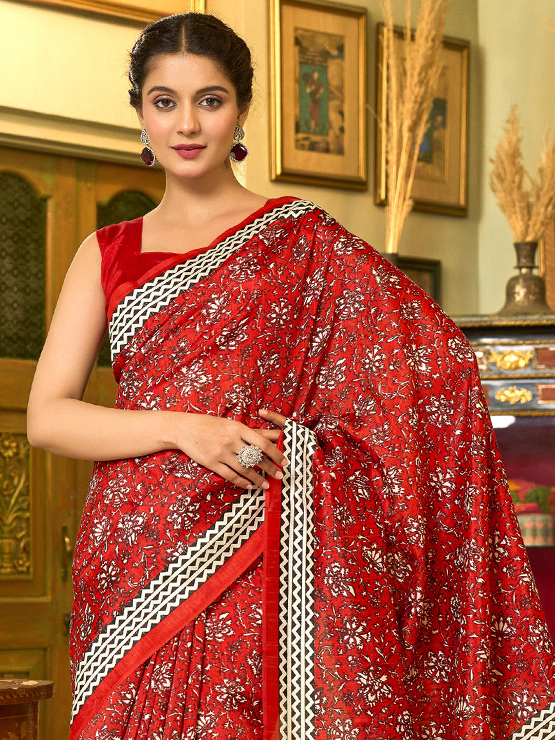 Bhagalpuri Silk Red Printed Designer Saree With Blouse