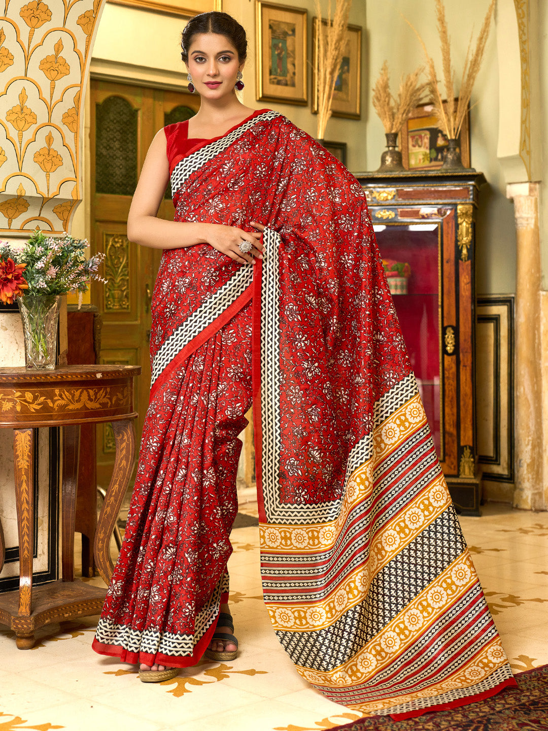 Bhagalpuri Silk Red Printed Designer Saree With Blouse